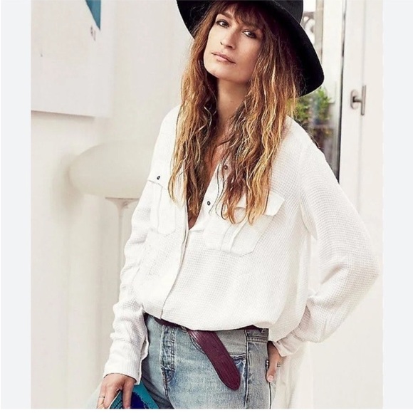 Free People One Of The Guys Long Sleeve Buttondown Top Ivory White Sz MED Boho - Picture 4 of 11